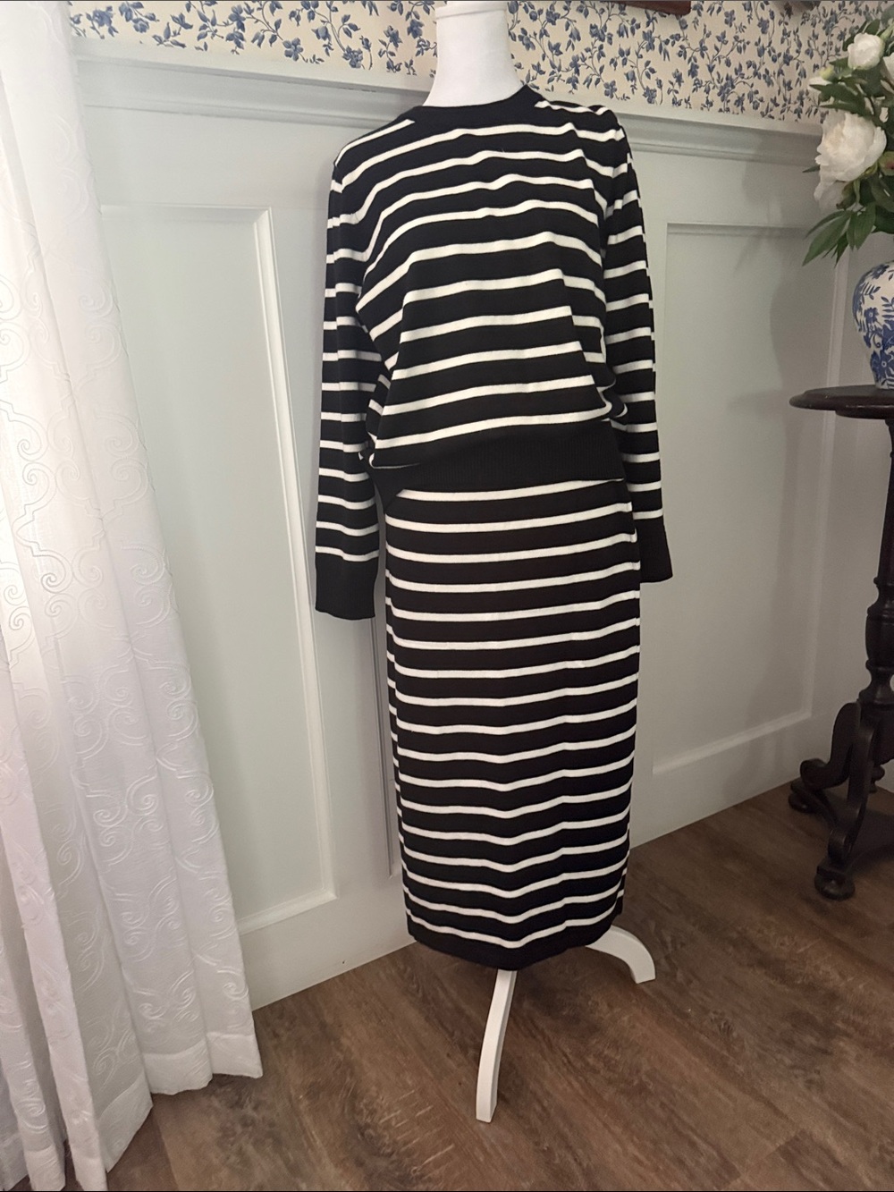 Striped Black and White Knit Midi Skirt - Women
